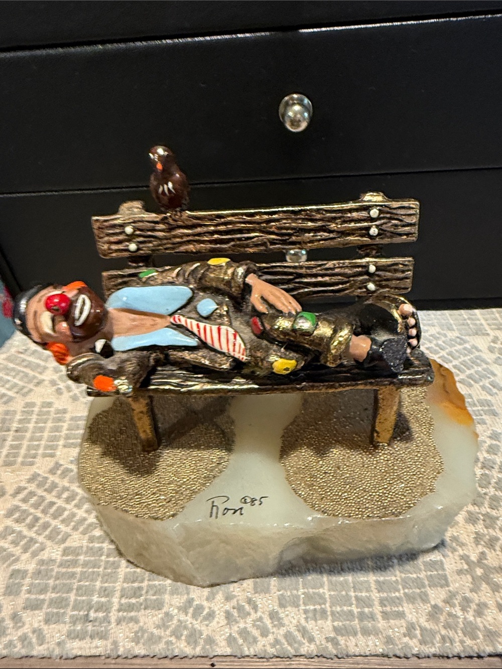 Hand-Painted Clown on Bench Resin Sculpture - Multicolor